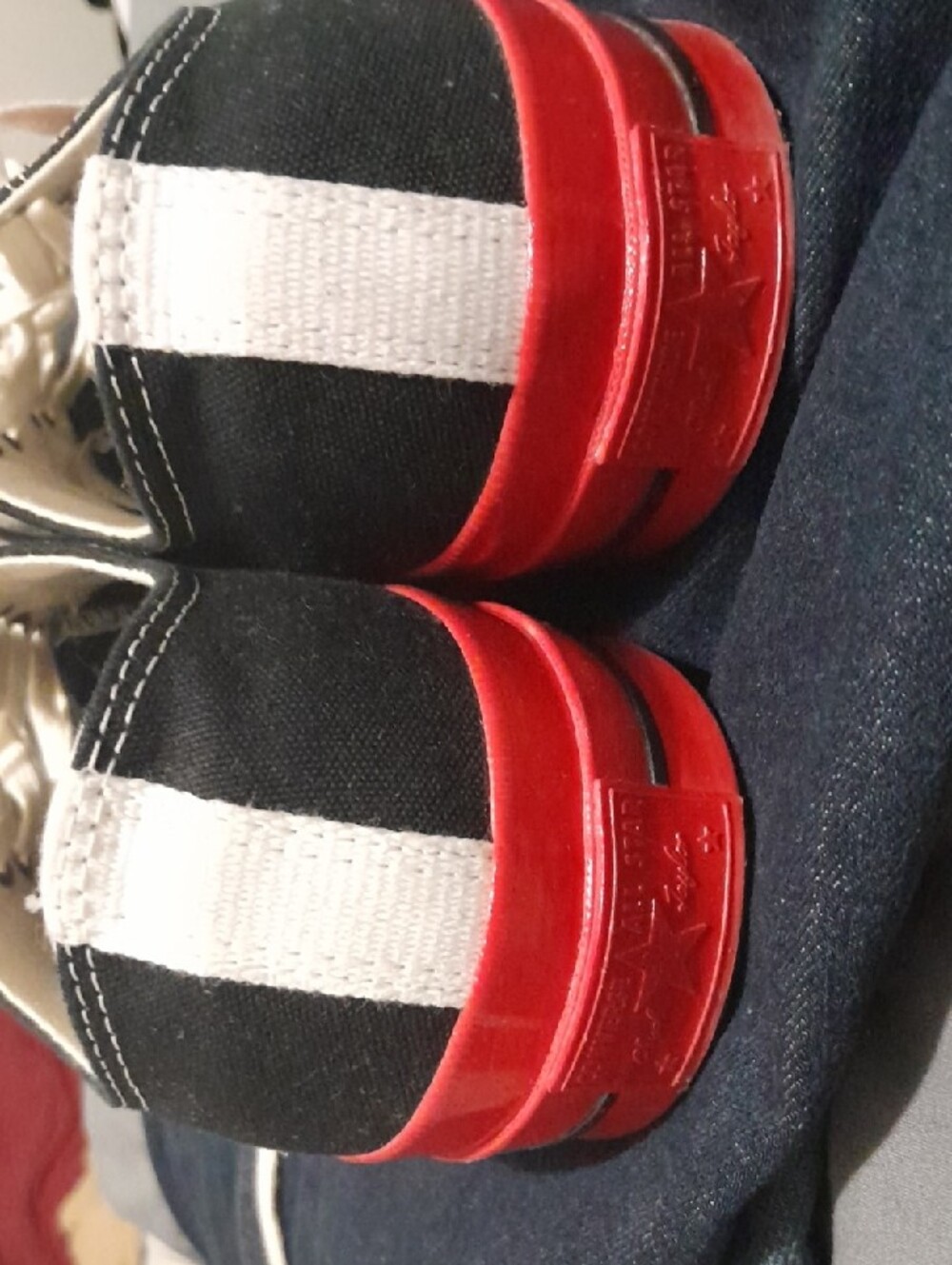 Converse Black Canvas Low Top Sneakers with Red Accents and White Laces - Picture 4 of 6